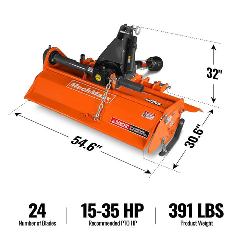 45 Inch Tractor Rotary Tiller Attachment With 3 Point Hitch Cat 1 Chain Drive PTO Shaft Included With Shear Bolt displayed