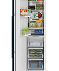 Interior view of an 18 Inch Panel Ready Freezer Column With 8.6 Cubic Feet Heavy Duty Storage, built-in ice maker and organized food.