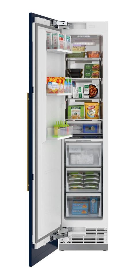 Interior view of an 18 Inch Panel Ready Freezer Column With 8.6 Cubic Feet Heavy Duty Storage, built-in ice maker and organized food.