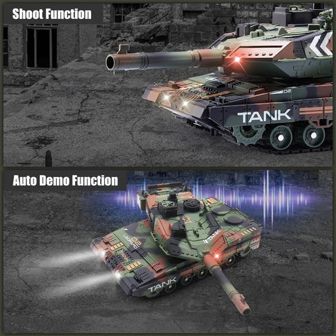 Rugged RC Tank That Shoots For Kids And Teens 2 4GHz Remote Control Army Tank Toy in action with lights and smoke features