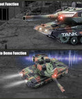 2.4GHz RC Tank With Auto Demo Sound Lights And Smoke, 13-Channel Army Battle Vehicle showcasing shoot and demo functions in army green