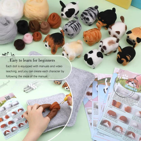 Needle Felting Kit For DIY Craft Lovers Dope 12 Piece Starter Set With Wool Instructions 12 Felting Needles Premium Felt Mat And Supplies To Create Cute Cat And Dog Figures For Home Decor, showing felt figures and crafting tools.