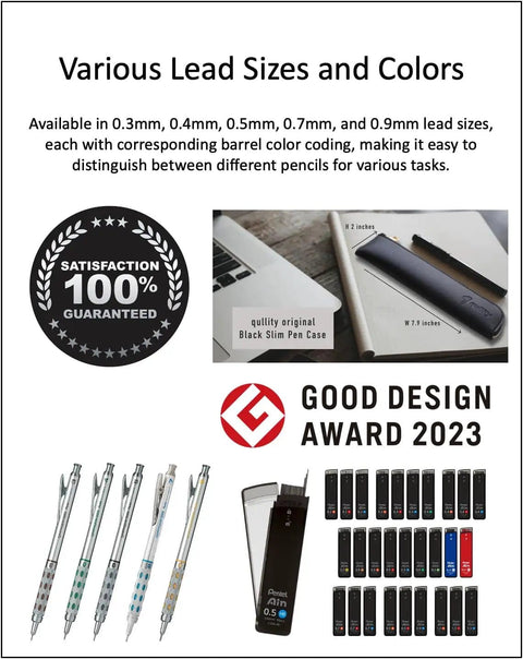 Graph Gear 1000 Mechanical Drafting Pencil 0.4mm Set With HB And 2B Leads In Black Slim Case For Designers And Artists Pro Grade Precision With A 4mm Fixed Sleeve For Templates And Rulers, pencils displayed with lead sizes and colors