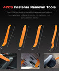 4PCS Fastener Removal Tools for car audio, radio install with trim, dash panel, and molding repair shown in various views.