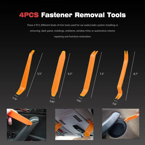 4PCS Fastener Removal Tools for car audio, radio install with trim, dash panel, and molding repair shown in various views.