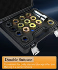 Tesmirror 16-piece axle spindle rethreading kit in a black plastic case with 16 metal dies and 1-1/16 inch extension bar
