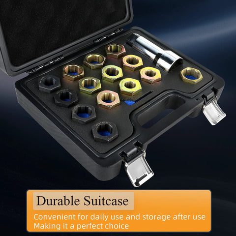 Tesmirror 16-piece axle spindle rethreading kit in a black plastic case with 16 metal dies and 1-1/16 inch extension bar