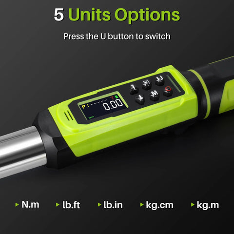 Three Eighths Inch Drive Digital Torque Wrench With Dual Direction Vibration Alarm LED Indicator And Accurate 1.5 To 99.6 Ft Lb And 2.03 To 135 N M Five Unit Measurements For Bike Motorcycle Car Auto Repair