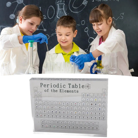 Clear Acrylic Periodic Table With 103 Real Elements Inside Real Chemistry Elements Display shown in classroom with students.