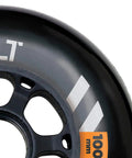 Close-up of Urban Bolt 100mm 90A Inline Skate Wheel Pack 2-Wheel Set for city cruising, black with visible 100mm marking