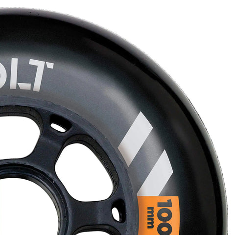 Close-up of Urban Bolt 100mm 90A Inline Skate Wheel Pack 2-Wheel Set for city cruising, black with visible 100mm marking