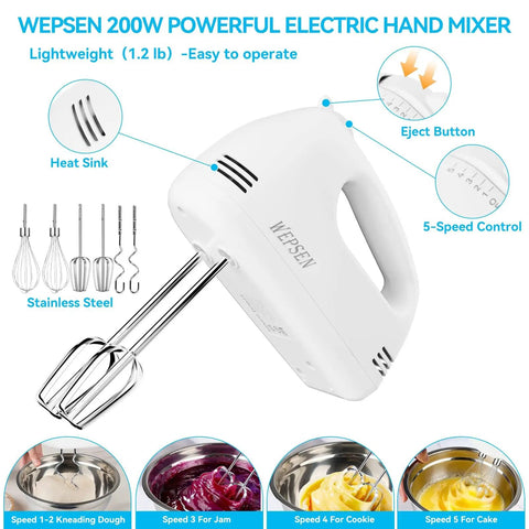 Top Shelf 5 Speed Electric Hand Mixer Paired With Four Nesting Stainless Steel Mixing Bowls And Measuring Cups In A Slick 200W Kitchen Baking Starter Kit That Knocks Out Any Dough Job Easily, featuring 200W motor, stainless steel beaters, and 5-speed control.