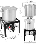80 Quart Seafood Boiling Kit With Strainer And Basket Outdoor Boil Pot 100000 BTU Propane Burner 10 PSI Regulator, shown in black and silver.