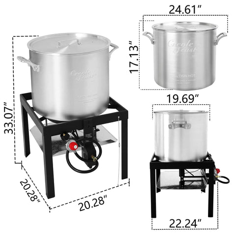 80 Quart Seafood Boiling Kit With Strainer And Basket Outdoor Boil Pot 100000 BTU Propane Burner 10 PSI Regulator, shown in black and silver.