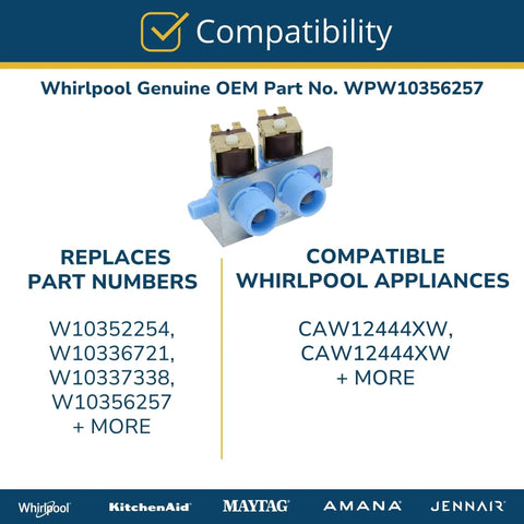 Whirlpool Genuine OEM Part No. WPW10356257 washer water inlet valve assembly, blue plastic and metal replacement