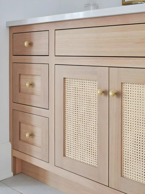 Wooden cabinet with Brushed Gold Cabinet Knob Set Five Pack Dope Brass Drawer Pulls For Kitchen Cupboard And Bathroom Dresser Hardware