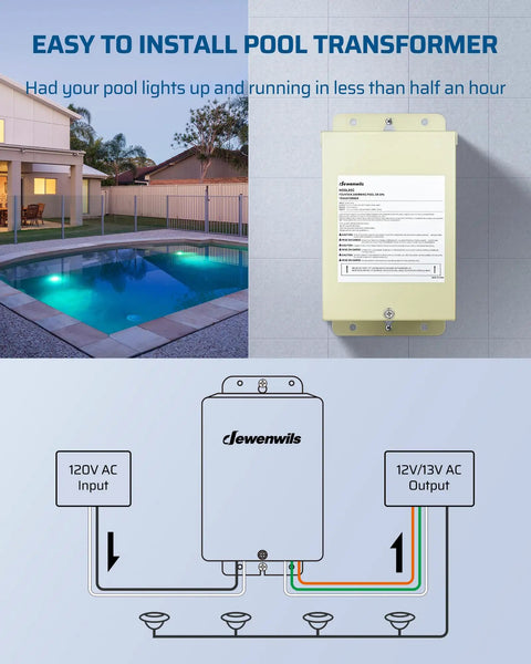 300W Low Voltage Pool Light Transformer 120V AC to 12V, 13V, or 14V AC Multi Tap with diagram and pool view