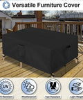 Weatherproof Rectangular Patio Furniture Cover For Outdoor Table And Sectional Sets Waterproof UV Resistant 420D Oxford Fabric Fits 90L X 64W X 28H Inches Black installed on deck