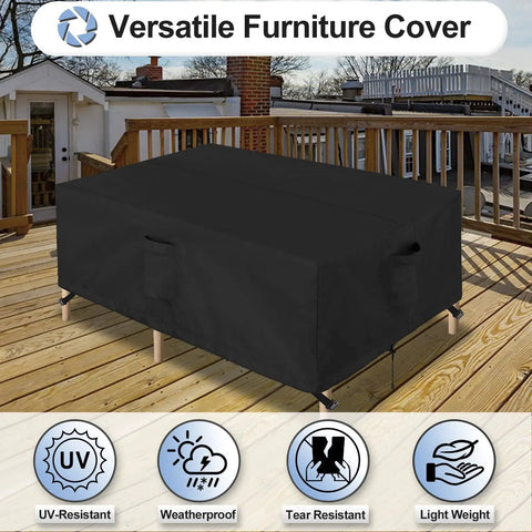 Weatherproof Rectangular Patio Furniture Cover For Outdoor Table And Sectional Sets Waterproof UV Resistant 420D Oxford Fabric Fits 90L X 64W X 28H Inches Black installed on deck