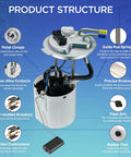 Drop-In Direct Fit Fuel Pump Module Assembly E3768M parts, showing metal clamps, guide rod springs, armature, and float arm.