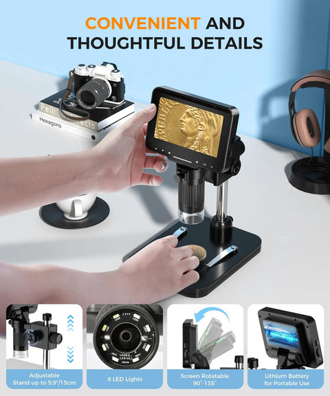 Handheld Digital Microscope for Coins With Light and HD Screen, 4.3 Inch LCD, 1000x Magnification, 1080p Video, Easy Focus Wheel, Perfect for Mint Marks, Coin Nerds, Surface Detail, and Coin Collecting on a coin stand