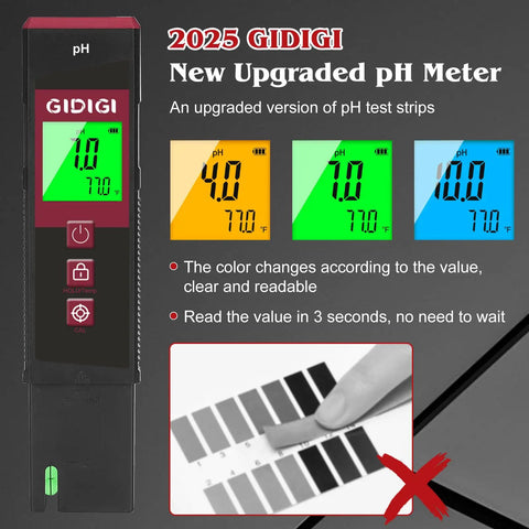 Digital pH Meter with Color LCD Backlit Display and UL Certified Accuracy Six Pack Calibration Powders pH Test Strips