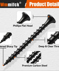 Close-up of Two Hundred Ten Piece Wood Screws Assortment Kit With Six Sizes From One Half Inch To Two Inches Flat Head Phillips Drywall Screws Black Phosphate Coated Made From 1022A Carbon Steel For Heavy Duty Home And Workshop Projects showing detailed features like phillips flat head, deep threads, and sharp tip.