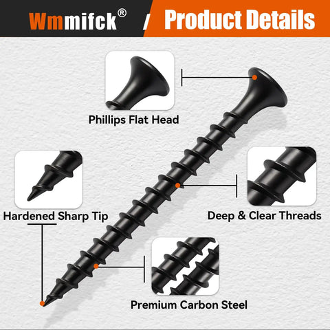 Close-up of Two Hundred Ten Piece Wood Screws Assortment Kit With Six Sizes From One Half Inch To Two Inches Flat Head Phillips Drywall Screws Black Phosphate Coated Made From 1022A Carbon Steel For Heavy Duty Home And Workshop Projects showing detailed features like phillips flat head, deep threads, and sharp tip.