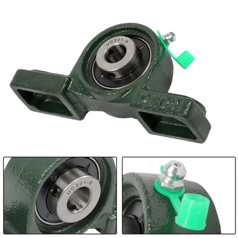 UCP201-8 Pillow Block Bearing Set 6 Pack with self-aligning spherical outer ring and pre-lubrication, shown close-up details