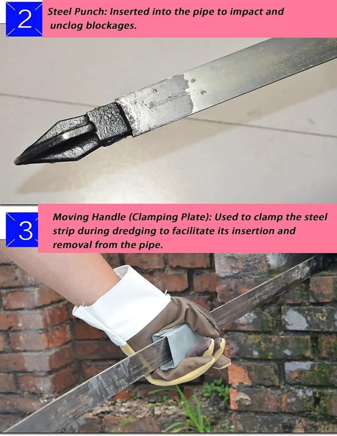 Close-up of steel punch and moving handle of Badass Hella Durable Manganese Steel Drain Cleaning Strip with Manual Auger Action.