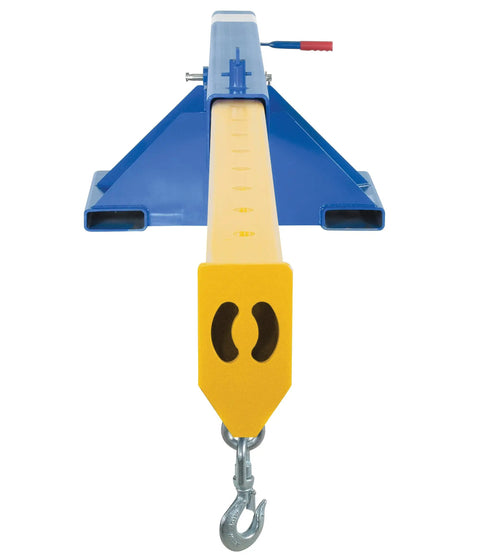 Heavy Duty Steel Orbit Telescoping Forklift Boom Converts Your Rig Into An Overhead Crane With 30 Inch Fork Pocket Center And 8000 Pound Capacity, front view of blue and yellow crane attachment.
