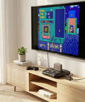 Sega Genesis HDMI Adapter For Model 2 And Mega Drive 2 Consoles Plug And Play To Your HDTV Delivers Crisp 1080P HDMI Output With Vivid Colors USB Power Cable Included HDMI Cable Included Ready For Modern Retro Gaming on TV stand