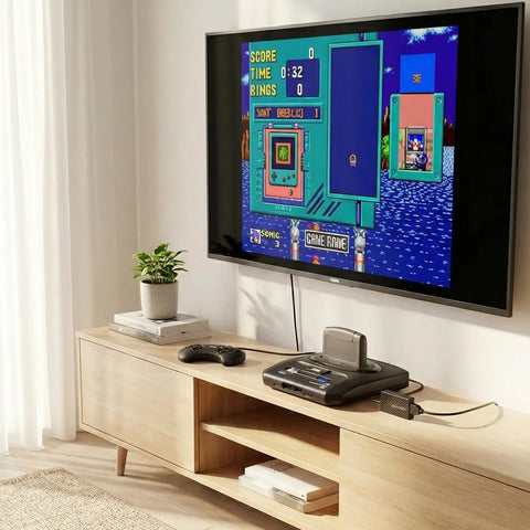 Sega Genesis HDMI Adapter For Model 2 And Mega Drive 2 Consoles Plug And Play To Your HDTV Delivers Crisp 1080P HDMI Output With Vivid Colors USB Power Cable Included HDMI Cable Included Ready For Modern Retro Gaming on TV stand