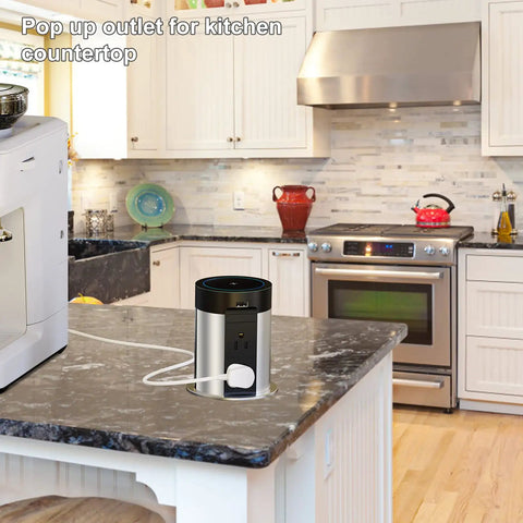 Pop Up Countertop Power Outlet With 5W Wireless Charger Four AC Outlets And Two USB Ports 4 Inch Pop Out ETL Listed