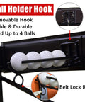 Wall Mount Golf Bag Organizer ball holder hook with four golf balls, close-up of belt lock ring, sturdy and durable design.