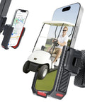 Magnetic Golf Cart Phone Holder With 8 N52 Strong Magnetic Base Universal Fit For EZGO Club Car Yamaha Golf Carts Secure Grip For iPhone Samsung And Other Smartphones Red Accessory For Men And Women in use on a golf cart frame, showcasing its secure attachment and compatibility.