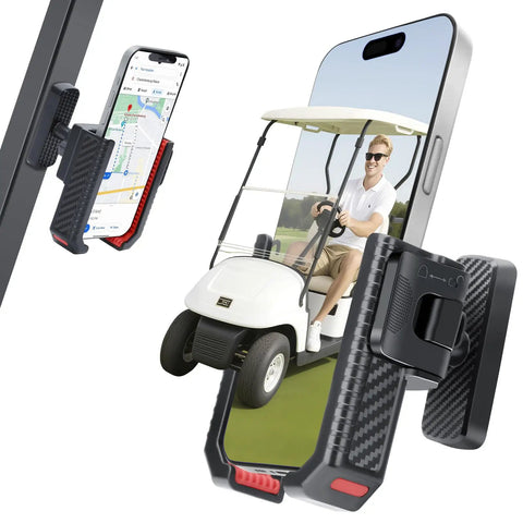 Magnetic Golf Cart Phone Holder With 8 N52 Strong Magnetic Base Universal Fit For EZGO Club Car Yamaha Golf Carts Secure Grip For iPhone Samsung And Other Smartphones Red Accessory For Men And Women in use on a golf cart frame, showcasing its secure attachment and compatibility.