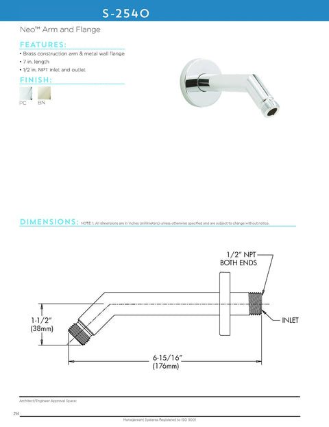 Neo Shower Arm And Flange 7 Inch Polished Chrome Finish Brass Construction With Half Inch NPTM Inlet And Outlet diagram