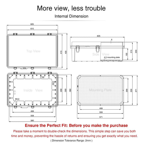 Technical diagram of Outdoor Electrical Box Heavy-Duty Weatherproof Junction Enclosure 24.2x16.4x9.1 inches, internal dimensions shown.