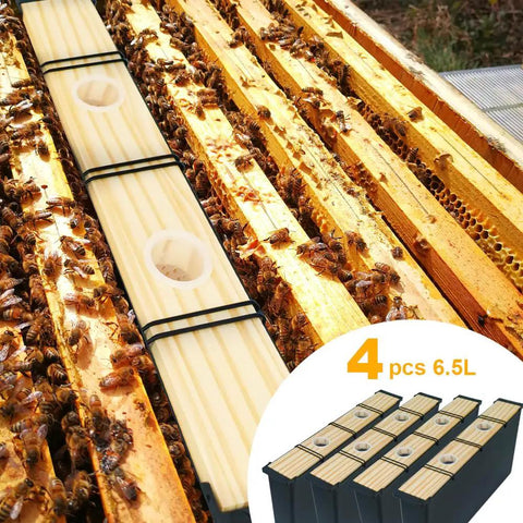 Six Point Five Liter Bee Feeder Pack For Beehives Deep Frame Water And Syrup Feeder placed in hive with visible bees