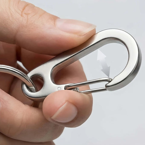 Close-up of Stainless Steel Carabiner Keychain Quick Release Heavy Duty Clip For Purse Car Motorcycle And Key Rings Kit Two Pack Silver.