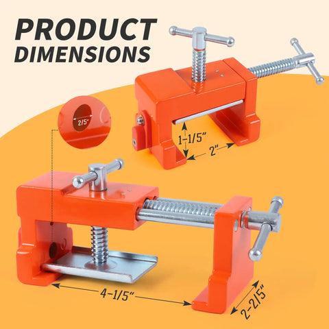 2 Pack Heavy Duty Face Frame Clamps With Tough Storage Case And Sharp Twist Drill Bit For No Sweat Cabinet Install measurements displayed.