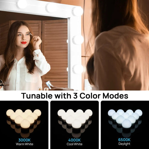 Glam Hollywood Style Vanity Lights For Mirror With 10 Dimmable Bulbs, Color Tunable 3000K 4000K 6500K, used by woman for makeup.