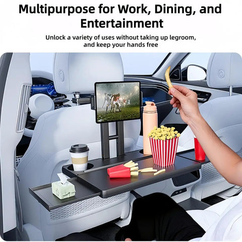 Slick Heavy Duty Abs Steering Wheel Dashboard Tray Compatible With Tesla Cybertruck 2023 To 2025 Waterproof 2 In 1 Phone Cup Storage Mat Ride Ready with food and drink setup.