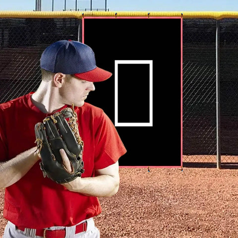 Baseball player pitching towards 4x6 ft batting cage backstop with all weather silver reflective edge vinyl backdrop and strike zone.