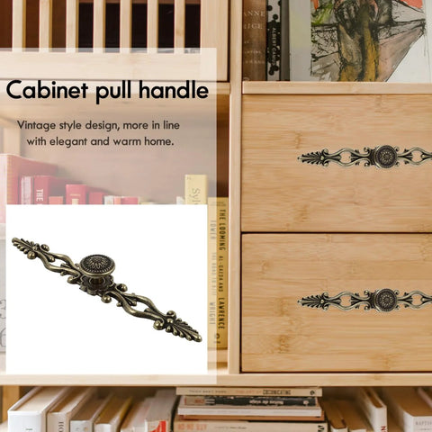 Antique Bronze Cabinet Pulls 6.88 Inch Zinc Alloy Wardrobe Drawer Handles, carved hardware installed on wooden cupboard.