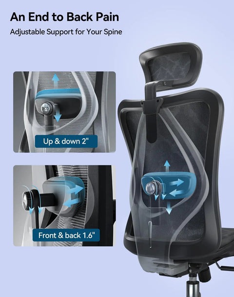 M57 Ergonomic Mesh Office Chair With High Back 3D Armrests Lumbar Support Adjustable Headrest And Tilt Ultra Comfy Big And Tall Computer Chair Up To 330 Lbs Black showing lumbar support adjustments