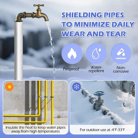 Image showing pipes with Ten Pack Self-Adhesive Pipe Insulation Sleeve With Pre-Slit Foam And Aluminum Foil Cover For Winter Use.