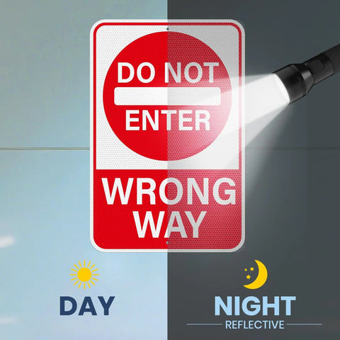 Two Pack Do Not Enter Wrong Way Signs 18 By 12 Inches For Traffic Road High Visibility Reflective Aluminum Weather Resistant Outdoor Signage No Entry Warning For Driveways Service Roads And Intersections. reflective sign in day and night lighting