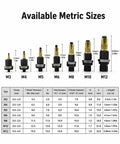 Rugged Heavy Duty Carbon Steel Rivet Nut Tool Kit With M3 M4 M5 M6 M8 M10 M12 Mandrels For Versatile Rivnut Installations, Operates By Hand Or Drill, Hex Head Design, Built Tough And Easy To Use For Automotive And DIY Projects. metric size chart